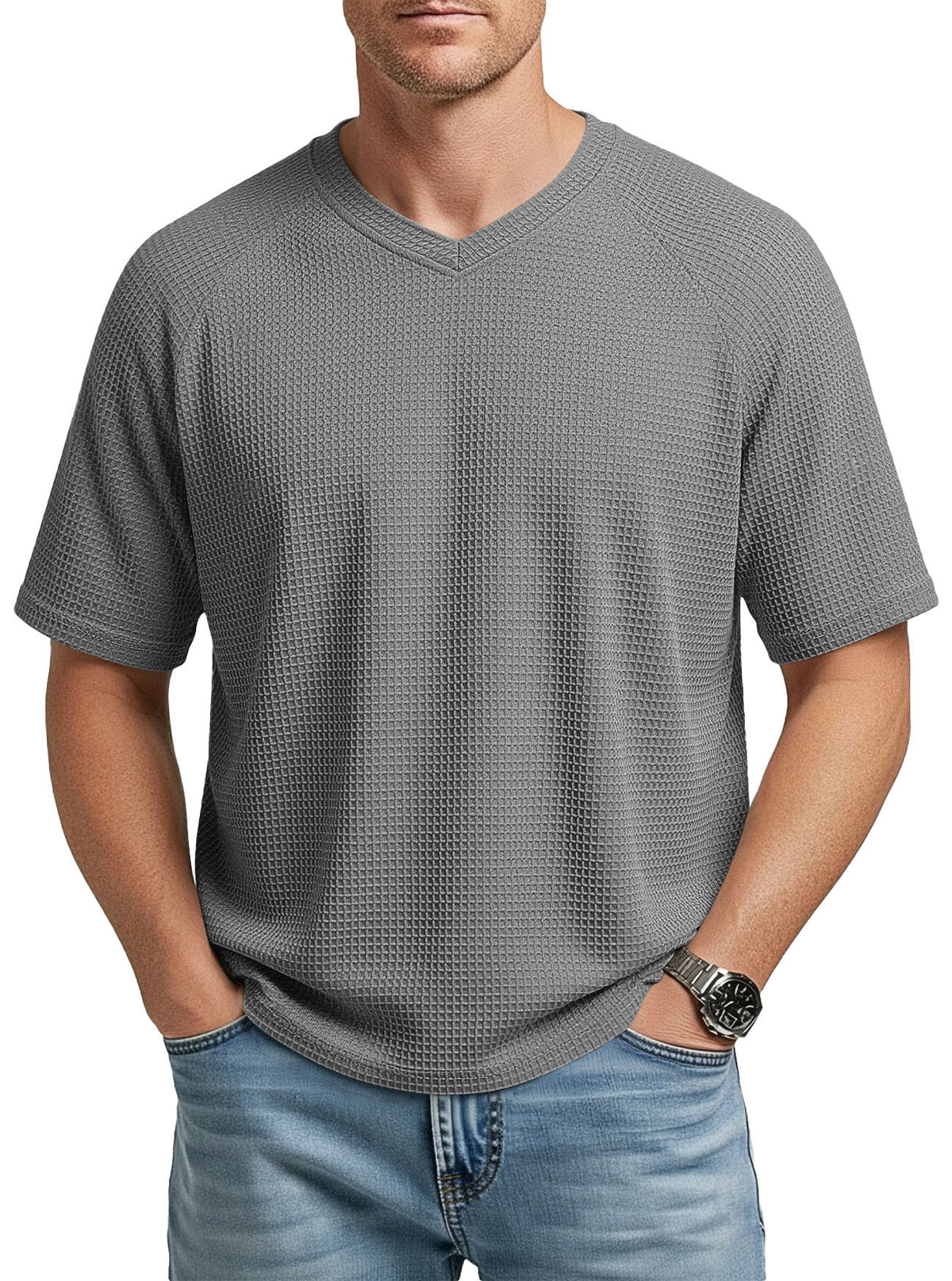 Mens V-neck Raglan Waffle-Knit Short-Sleeve Knit T-Shirt – Premium 0 | RICALOUX