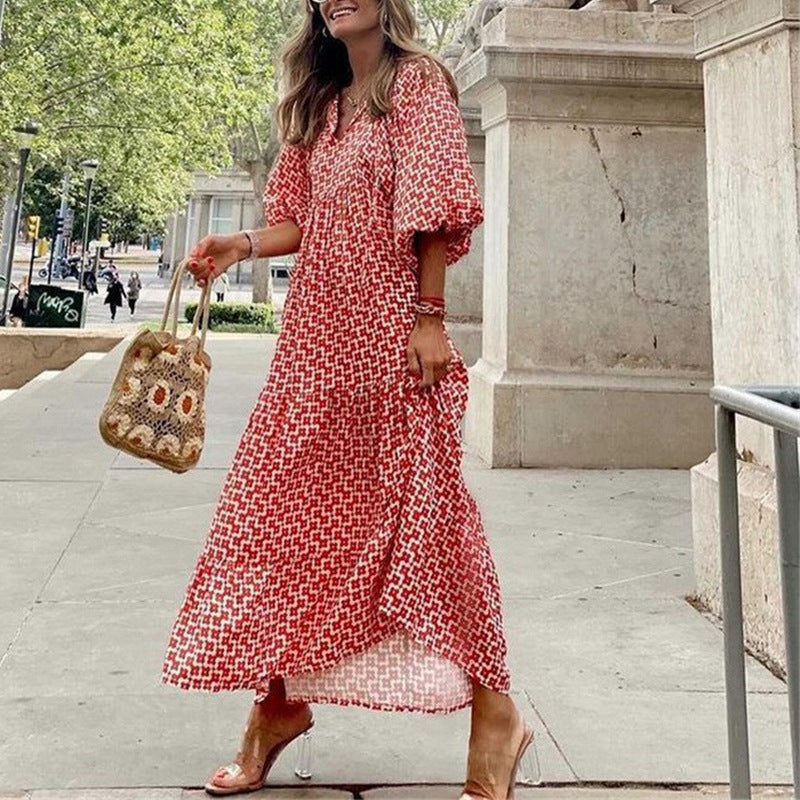 Womens Loose Long-Sleeve Dress With Floral Print And Puffed Sleeves Style For Europe And America by Ricaloux