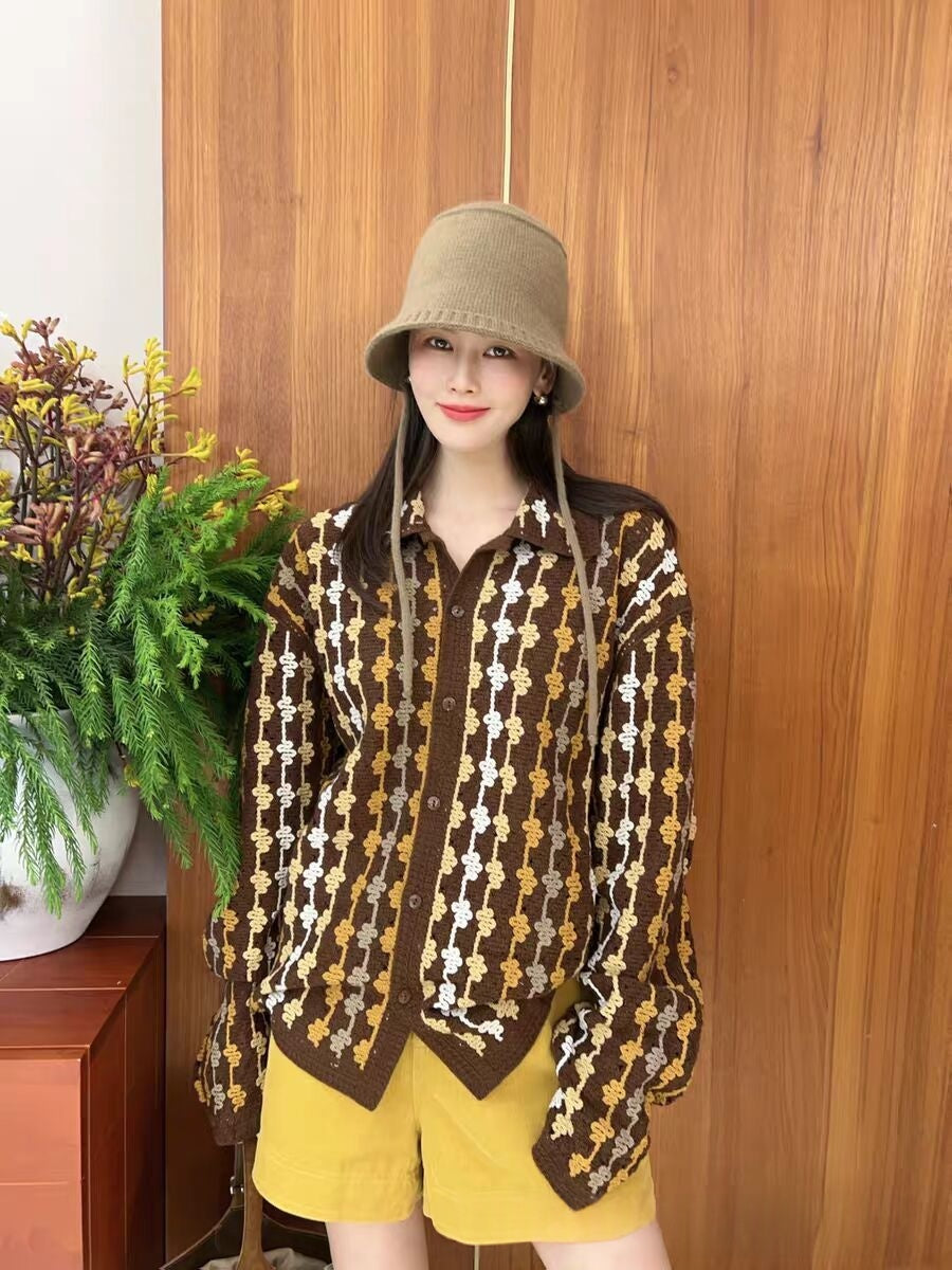 French-style Elegant Crocheted Floral Plaid Cardigan With A Lapel by Ricaloux