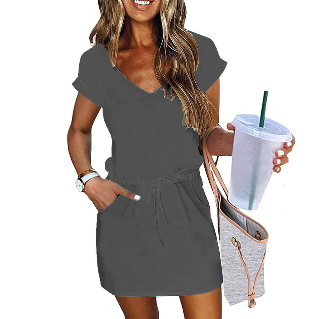 V-neck Short-sleeved Pullover Dress With Drawstring Elastic Waist And Pockets by Ricaloux
