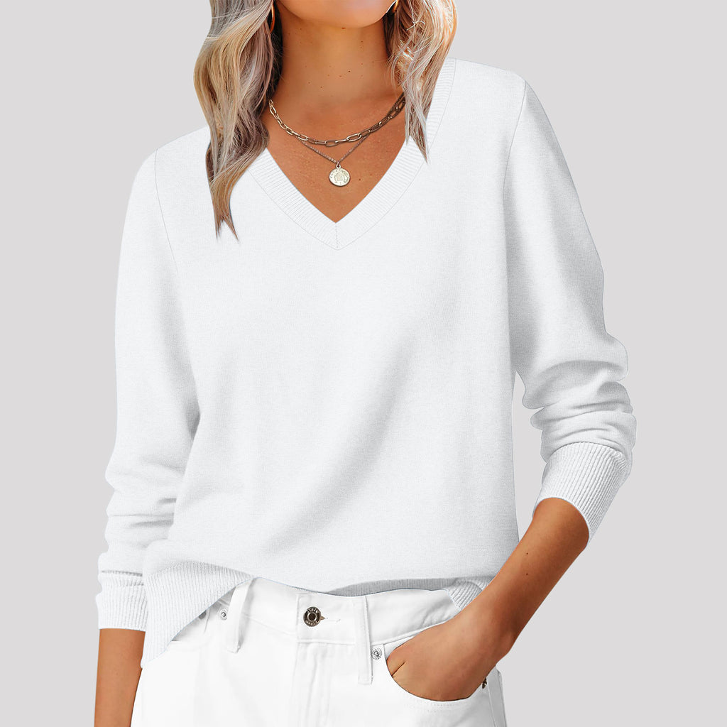Autumn And Winter New Versatile Loose Casual Solid Color Temperament Commuting V-neck Pullover Women's Top by Ricaloux