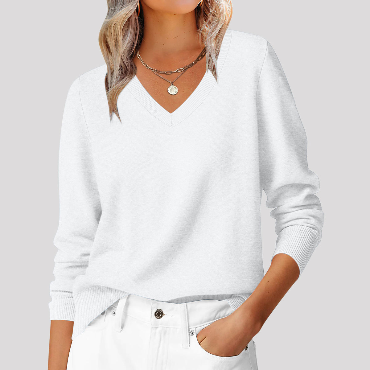 Autumn And Winter New Versatile Loose Casual Solid Color Temperament Commuting V-neck Pullover Women's Top by Ricaloux