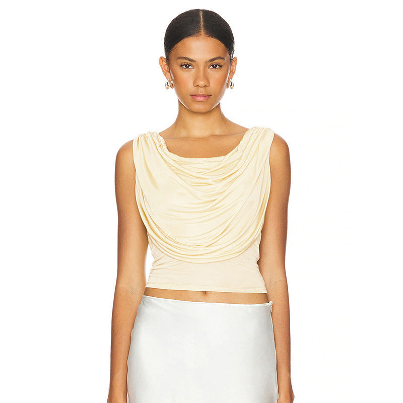 Solid-color Sleeveless Off-shoulder Boat-neck Backless T-shirt by Ricaloux