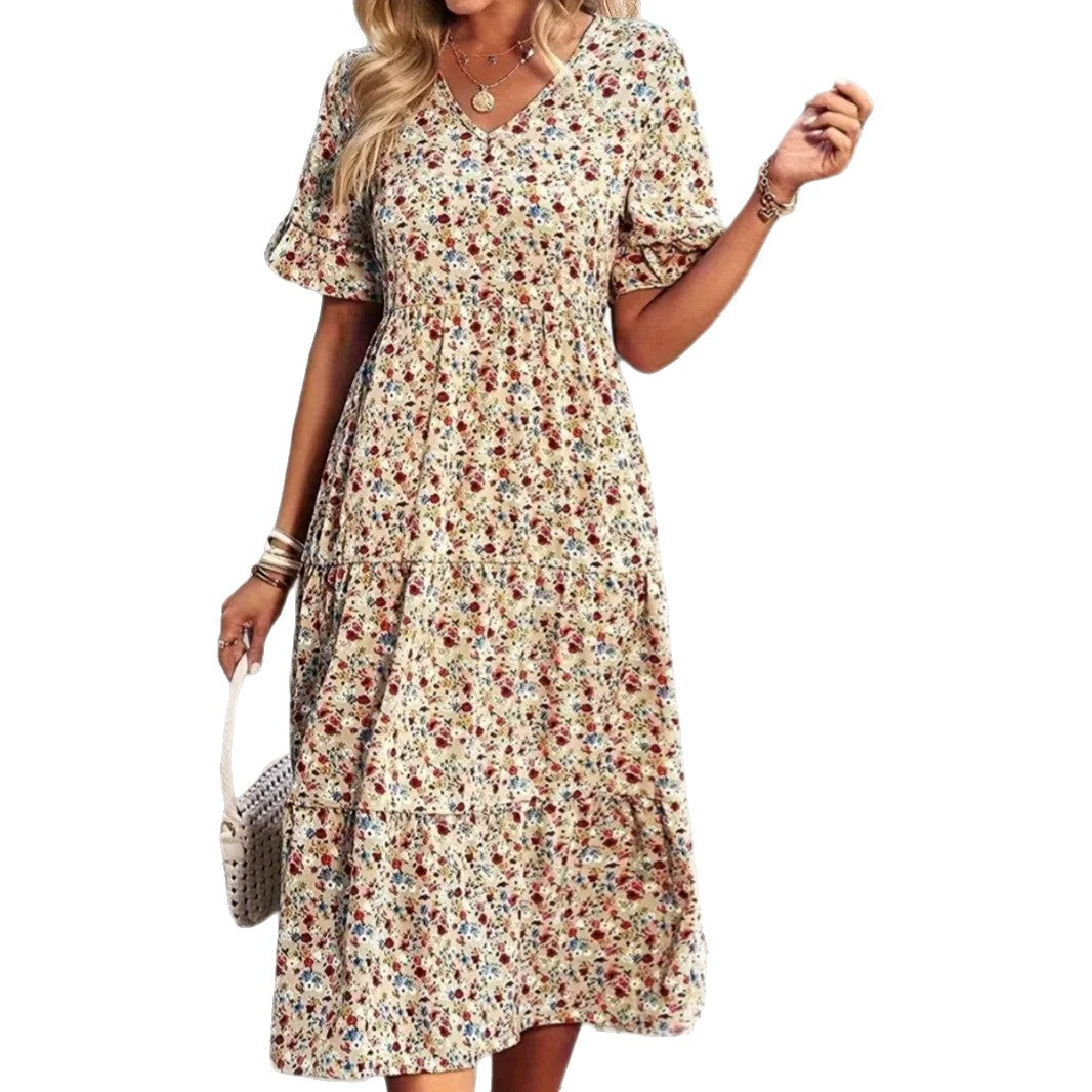 Casual Bohemian V-neck Short-sleeve Flowing Long Beach Dress by Ricaloux