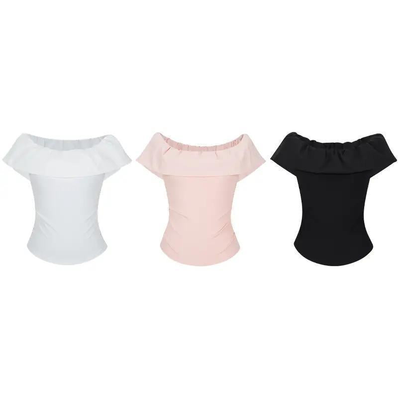 Stunning Pink Off-shoulder Top With A Boat Neckline And Ruffled Short Sleeves by Ricaloux
