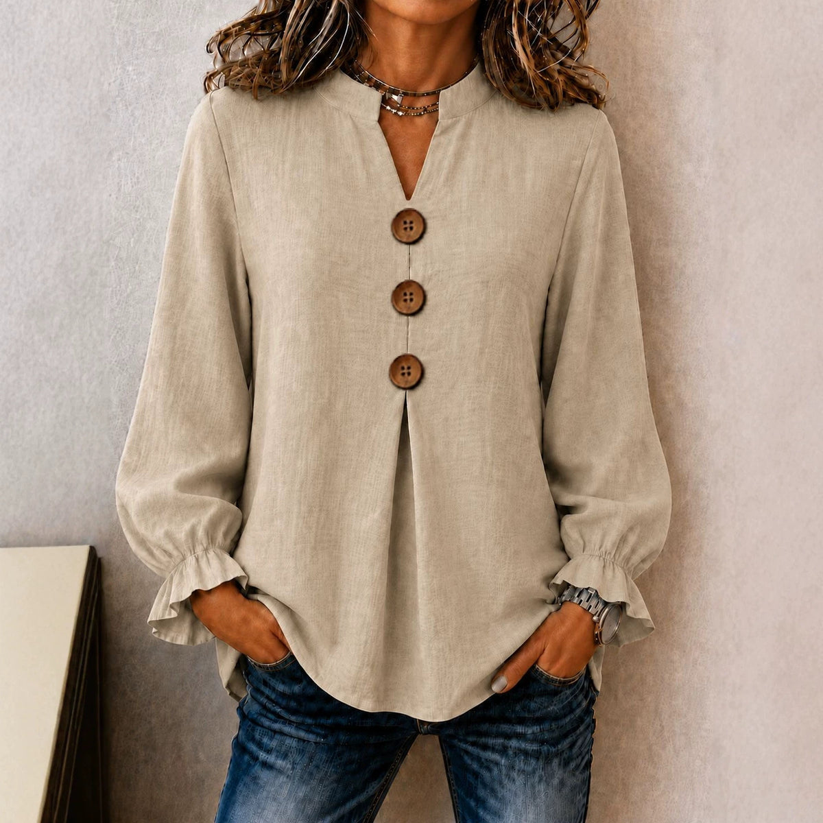 New Womens Fashion Long-sleeve V-neck Solid-color Button-up Top For Fall And Winter – Premium 0 | RICALOUX