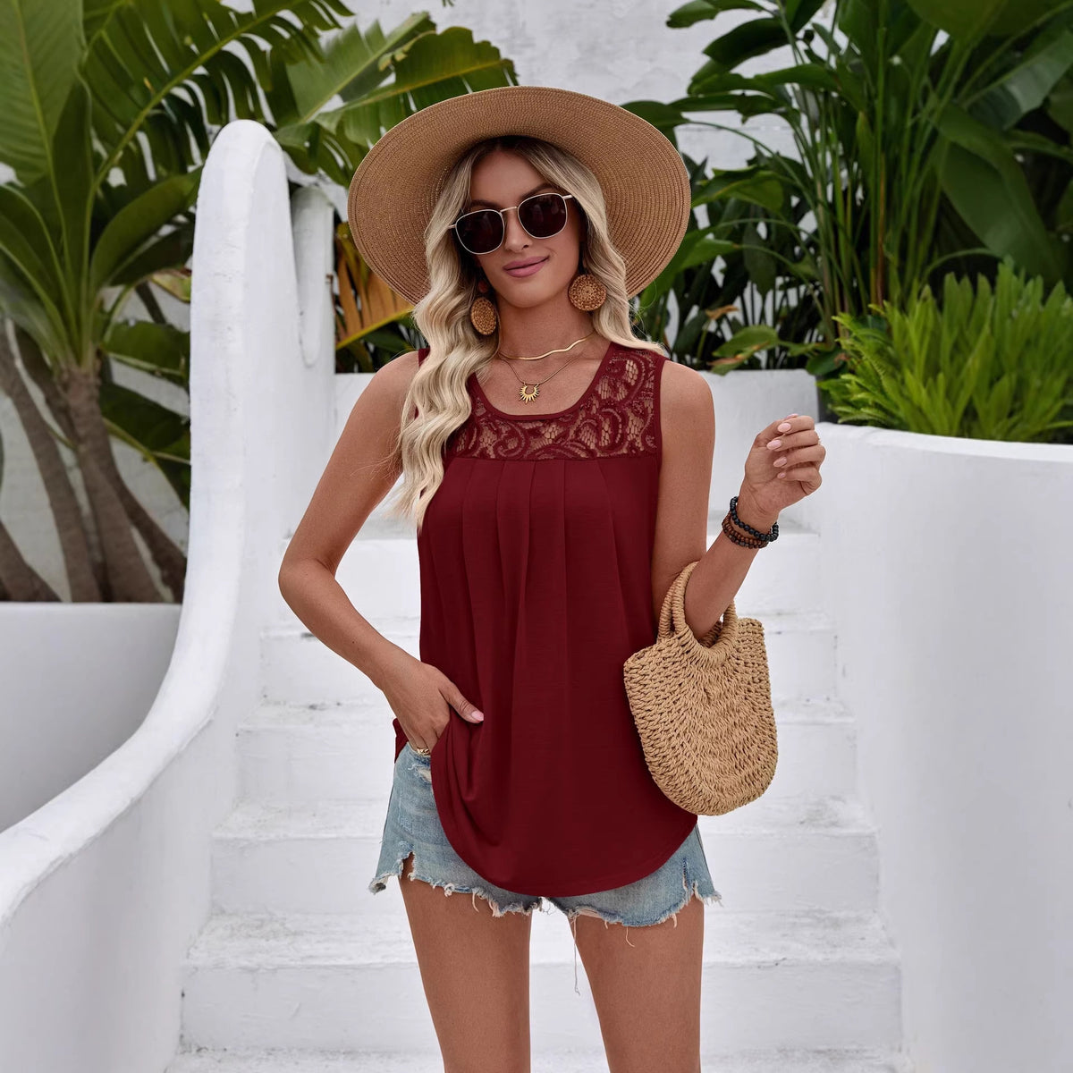 Sleeveless Lace Pleated Crew-Neck Casual Womens Top – Premium 0 | RICALOUX