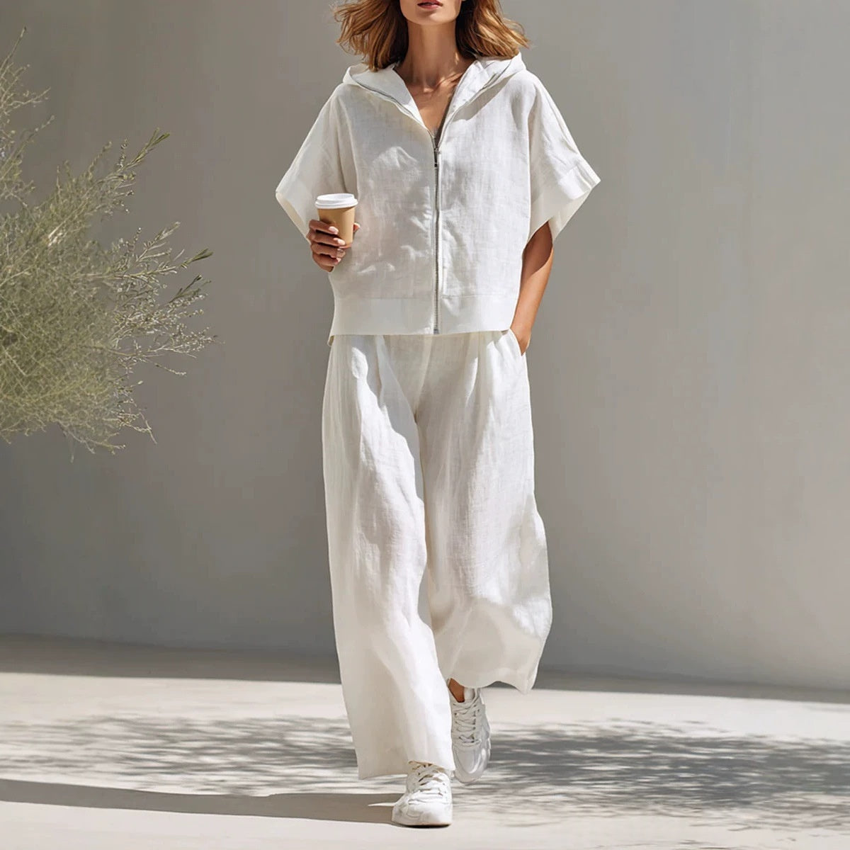 Hooded Zip-up Linen Top And Relaxed Wide-leg Pants Set by Ricaloux