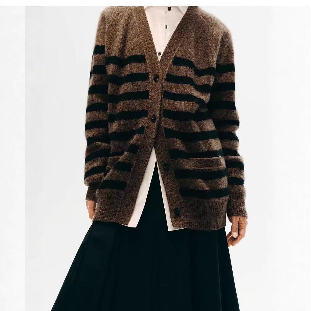 Womens Striped Wool Color-Block Knitted Cardigan Coat by Ricaloux