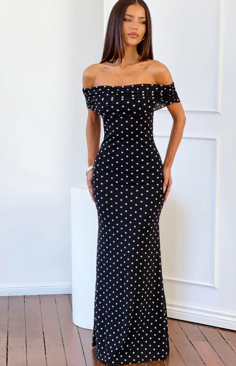 Fashionable Polka-dot Mesh Off-shoulder Backless Dress – Premium 0 | RICALOUX