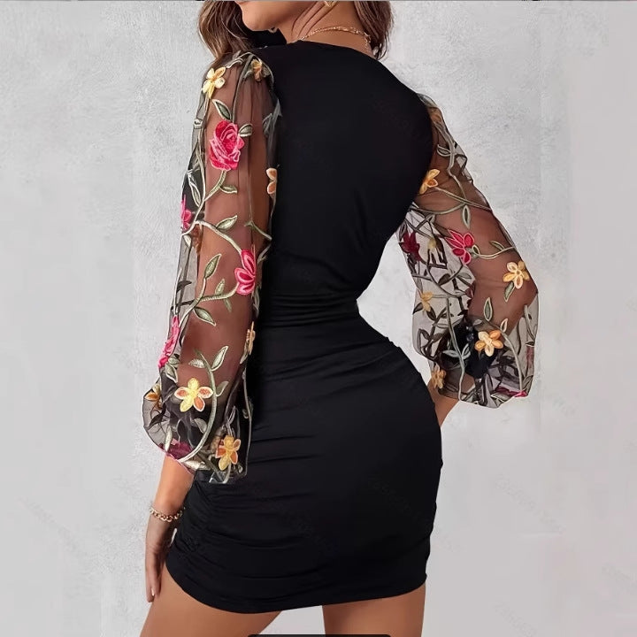 V-neck Long-sleeve Chic Embroidered Patchwork Pleated Sheath Dress by Ricaloux