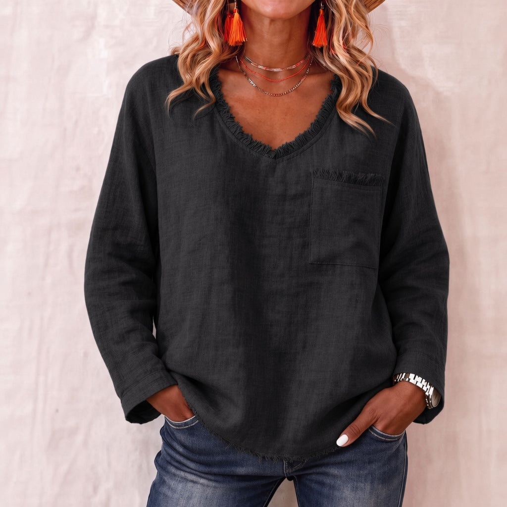 Loose-fit V-neck Long-sleeve Solid-color Casual Top For Women by Ricaloux
