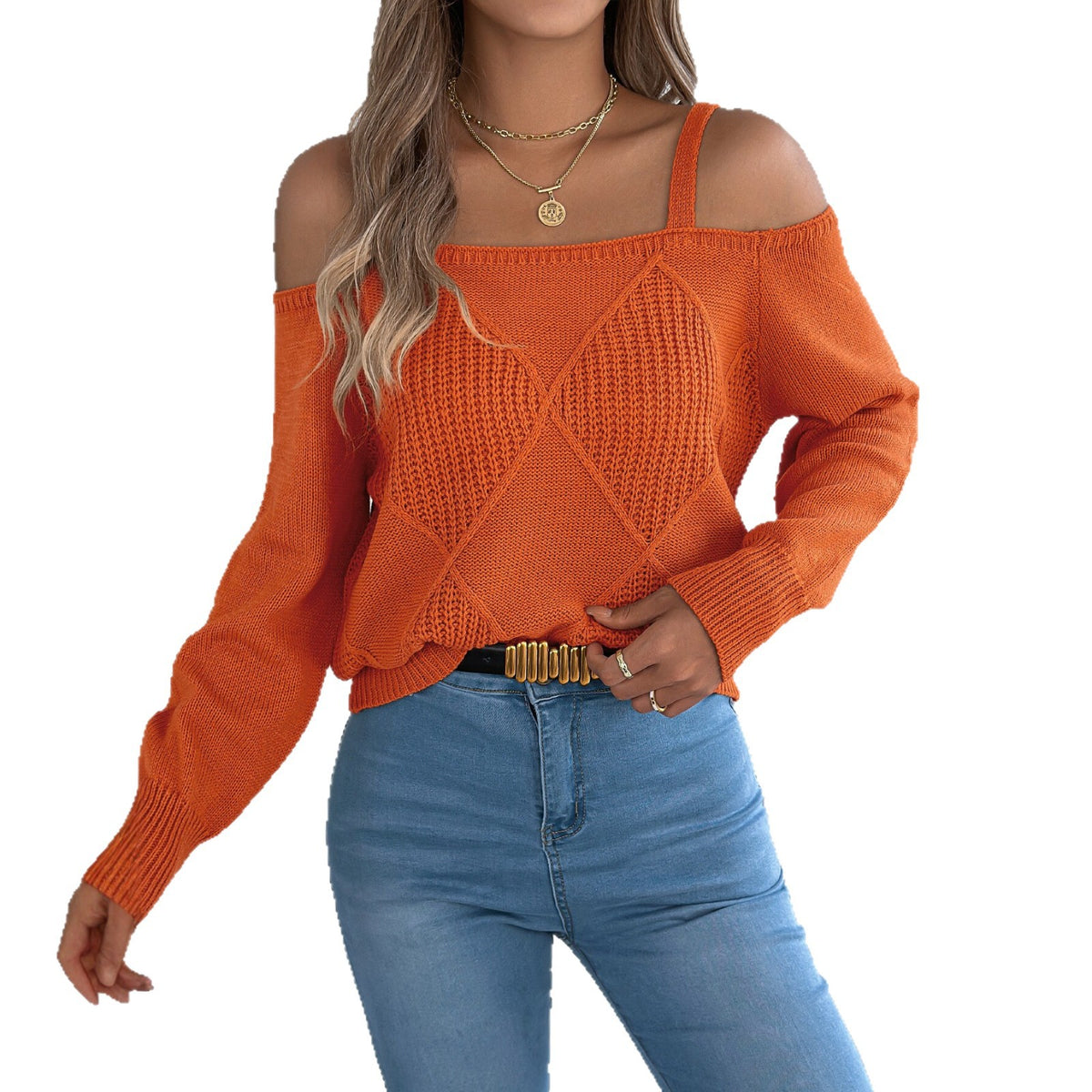 Solidcolor Cableknit Off Shoulder Lantern Sleeve Womens Top by Ricaloux