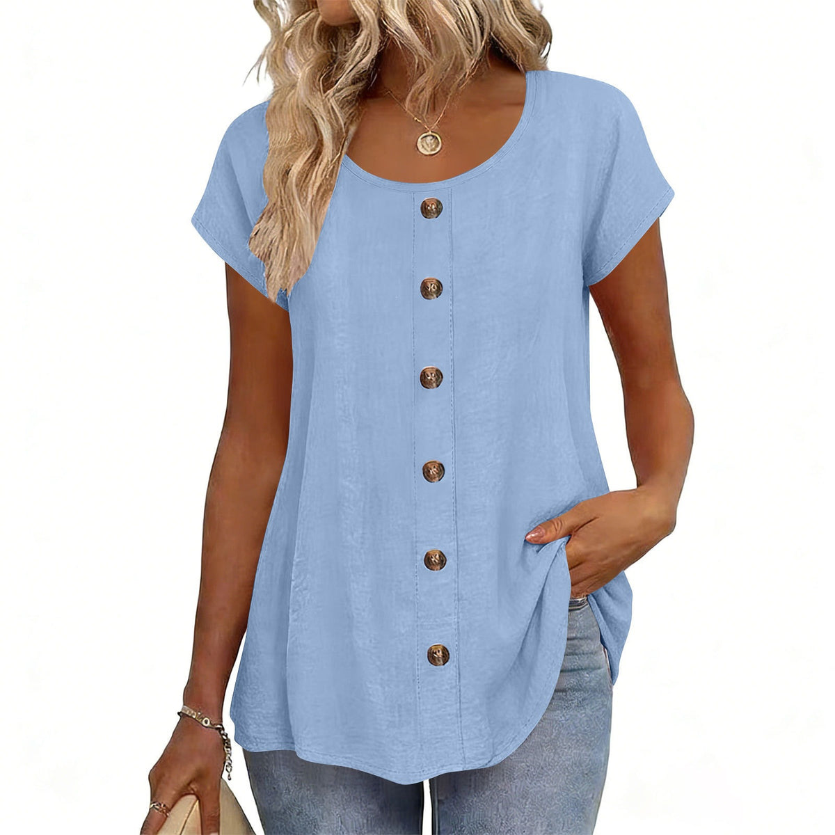 Womens Elegant And Fashionable Solid-color Round-neck Short-sleeve Top by Ricaloux