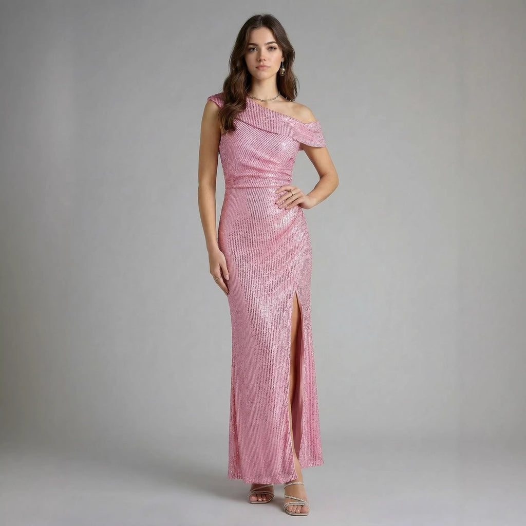 Sequined Evening Gown Chic Off-shoulder Design With A High Slit Celebrity-style Dress by Ricaloux