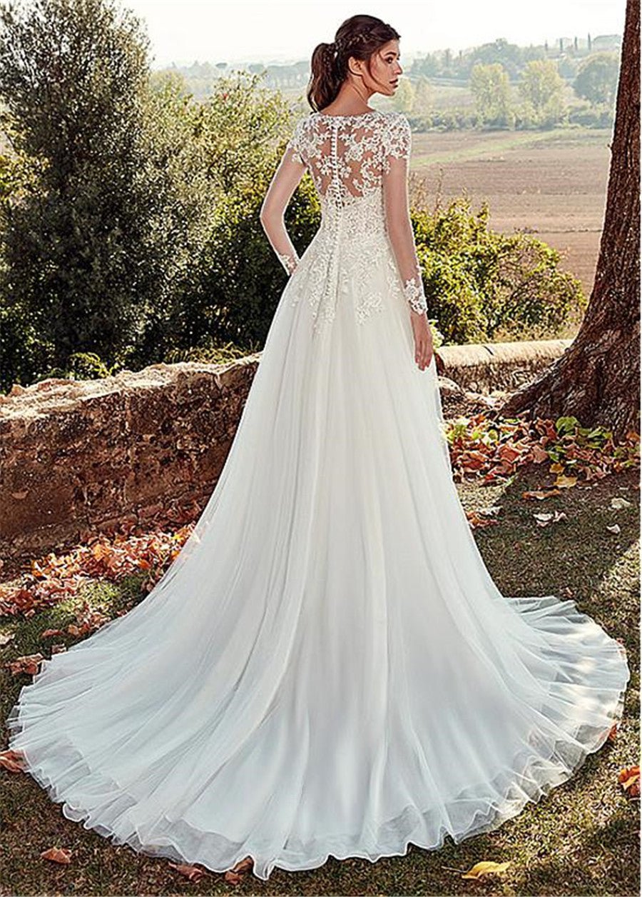 High U-neck Lace Long Sleeve A- Line Long Tail Simple Wedding Dress - RICALOUX