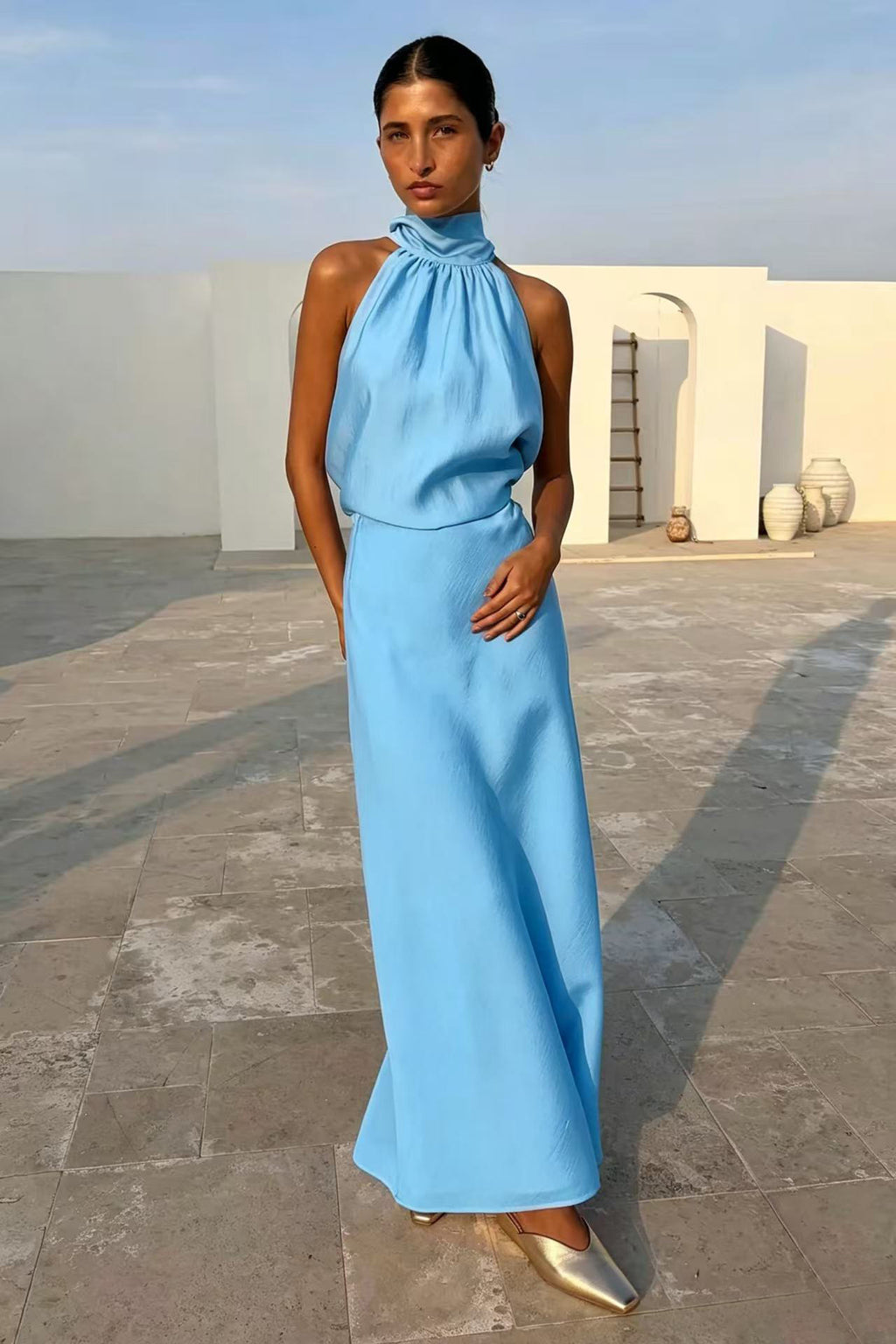 SpringSummer Halterneck Sleeveless Top With Flowing Straps And High-Waisted Fishtail Midi Skirt Set – Premium 0 | RICALOUX