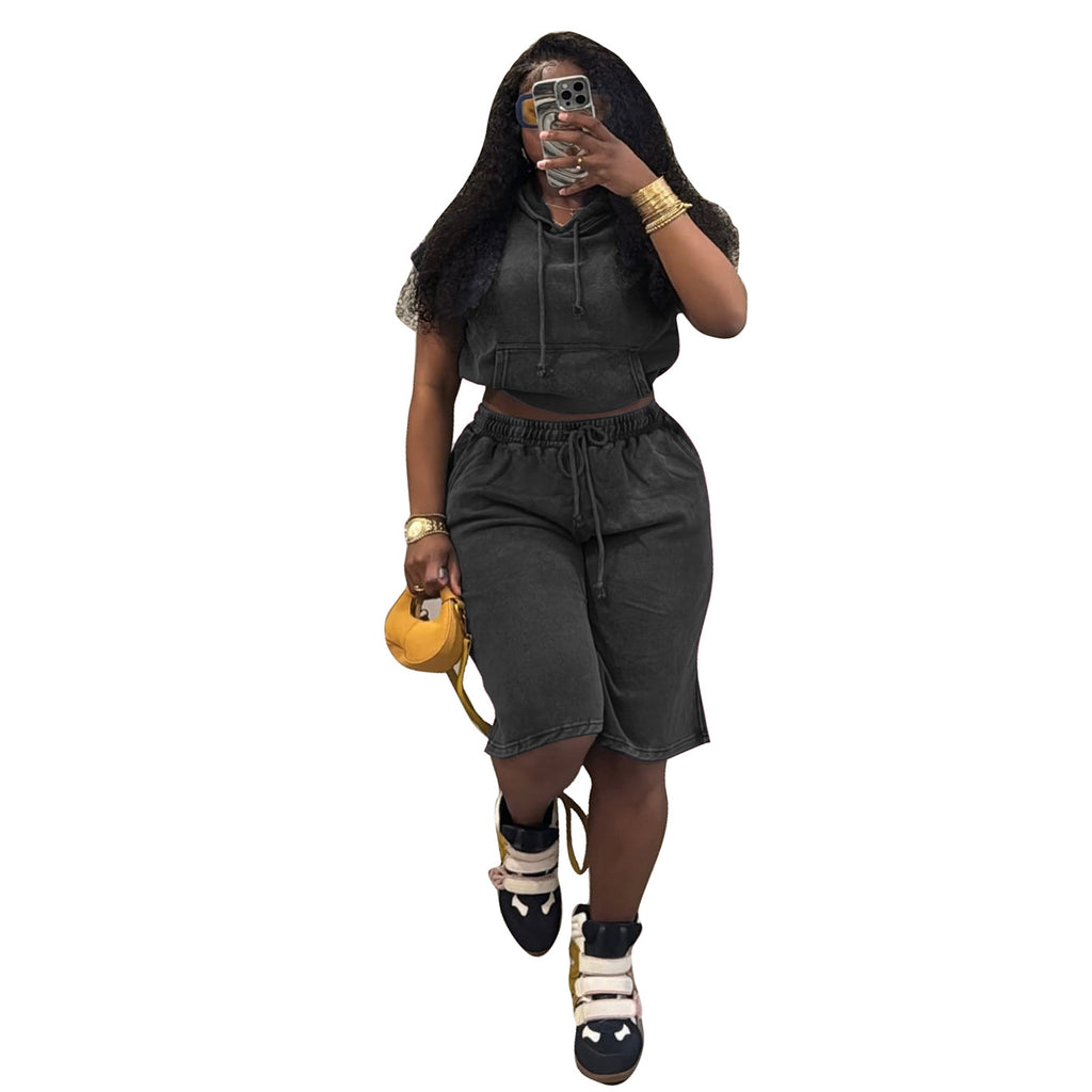 Casual Elastic Washed Shorts Set by Ricaloux