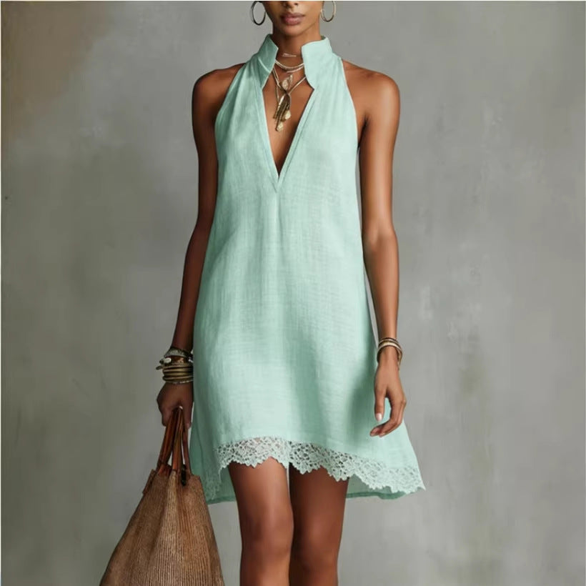 Deep V-neck Pleated Solid-color Casual Dress – Premium 0 | RICALOUX