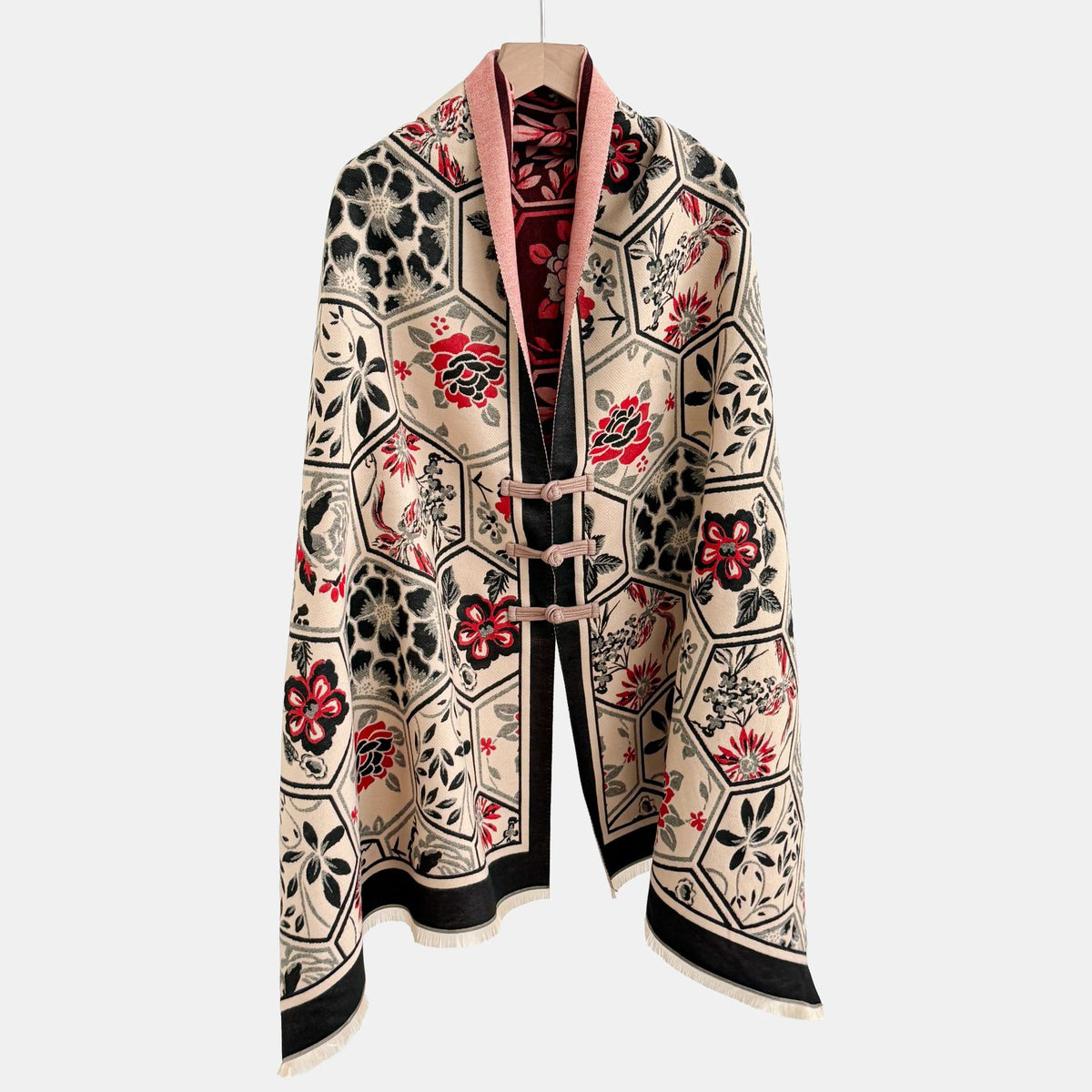 Vintage Knot-button Outerwear Jacquard Shawl by Ricaloux