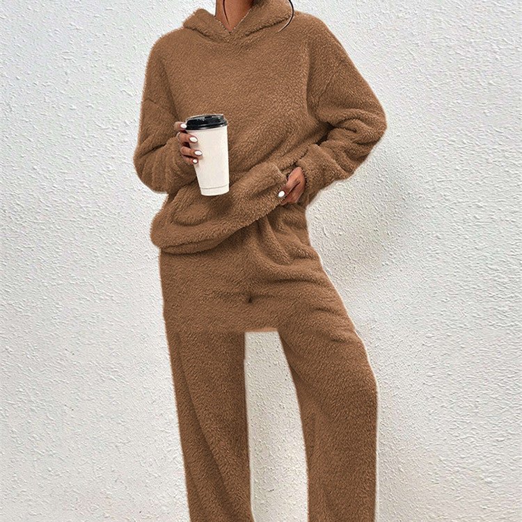 Fleece-lined Hooded Long Sleeve Dimensional Patch Pocket Casual Trousers Solid Color Suit - RICALOUX