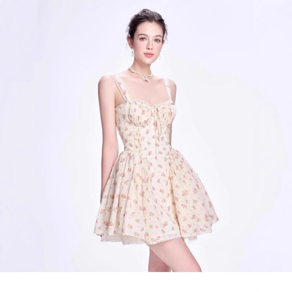 Floral Lace-trimmed Pleated Waist-cinching Dress by Ricaloux