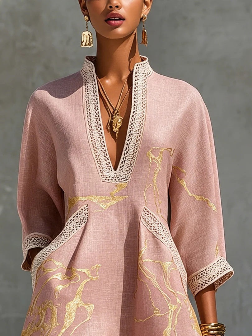 Printed V-neck Lace-trimmed Three-quarter-sleeve Mini Dress by Ricaloux