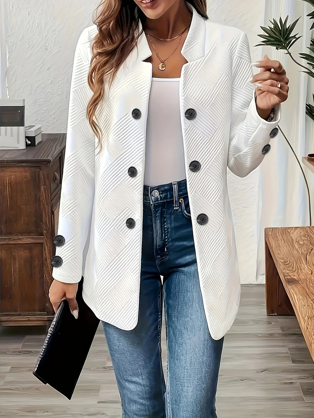 Womens New Stylish Three-button Double-breasted Coatblazer by Ricaloux