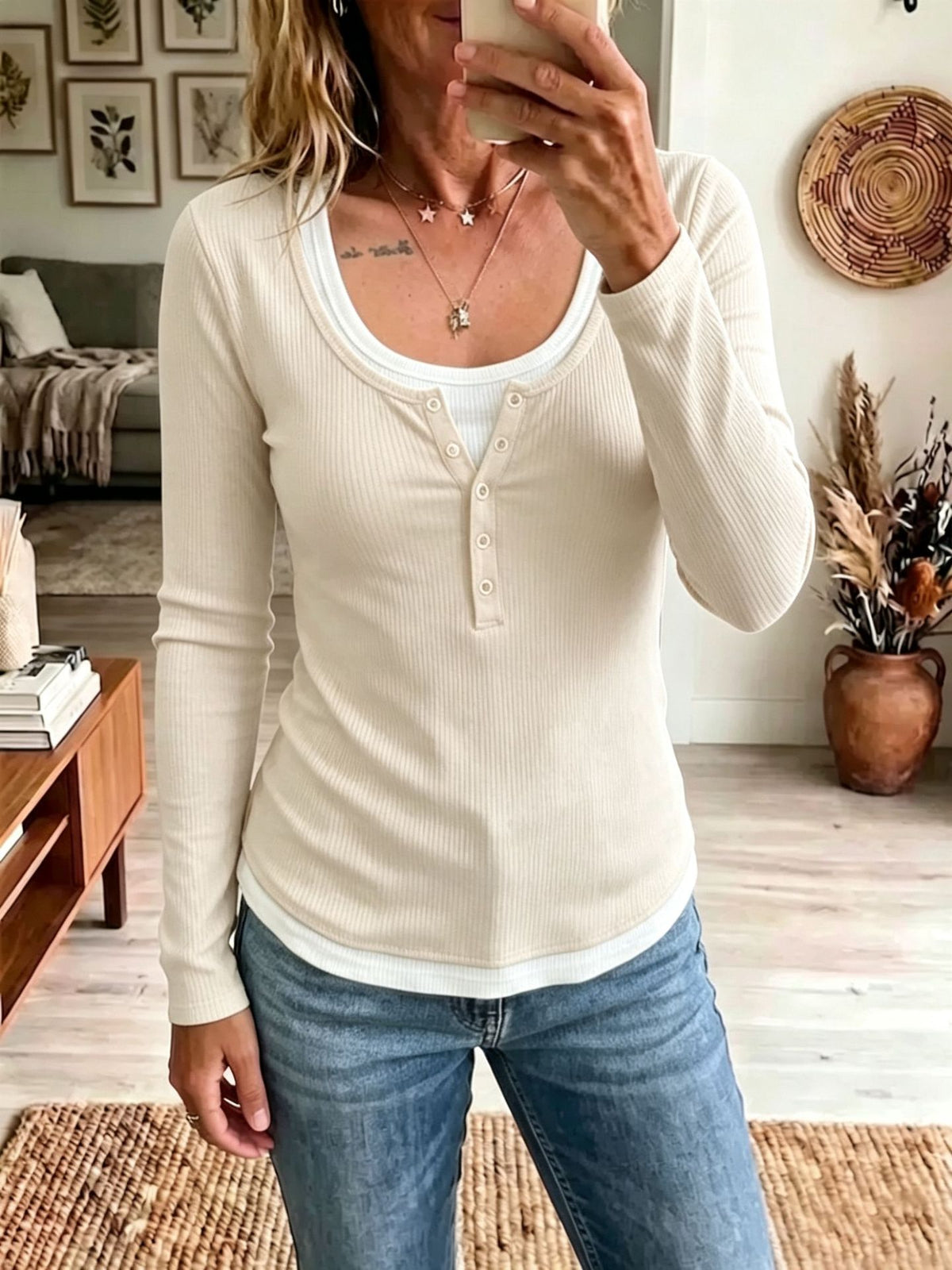 Womens Color-Block Fake Two-Piece Slim-Fit Casual Long-Sleeve T-Shirt – Premium 0 | RICALOUX