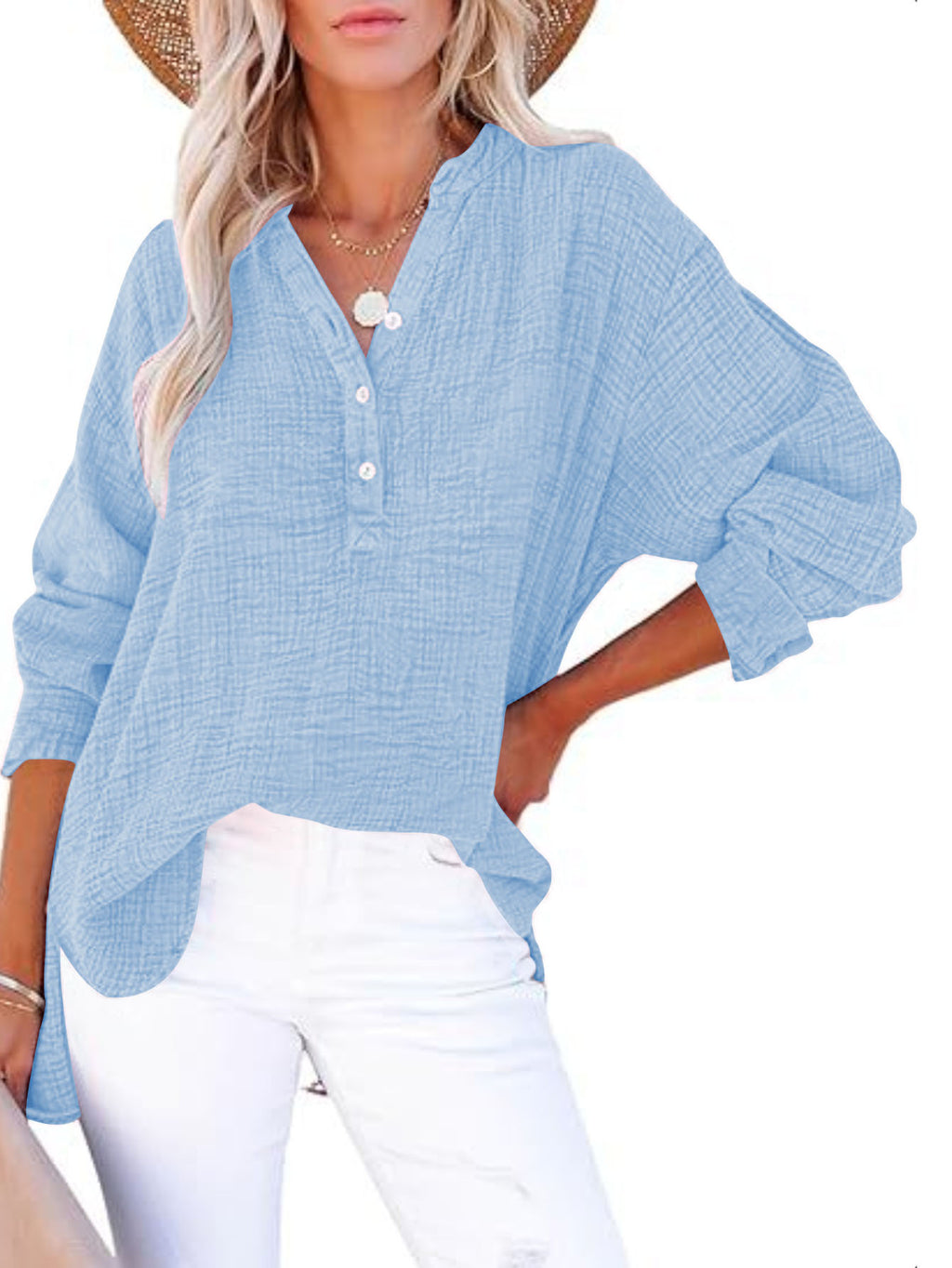 Women's Casual V-Neck Long Sleeve Blouse - Loose Fit Textured Cotton Henley Shirt For Summer – Premium 4 | RICALOUX