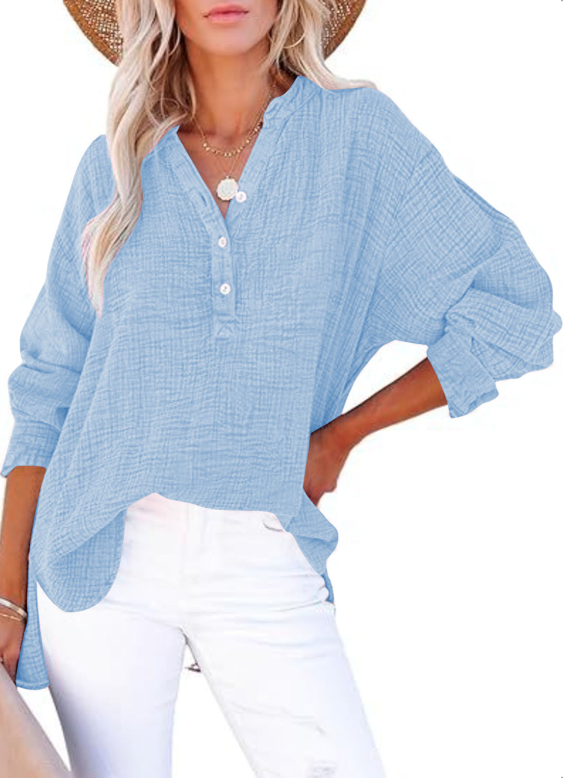 Women's Casual V-Neck Long Sleeve Blouse - Loose Fit Textured Cotton Henley Shirt For Summer – Premium 4 | RICALOUX