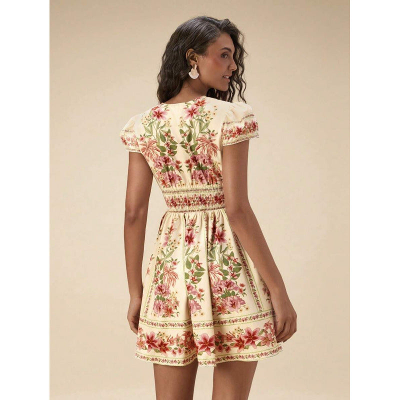 Bohemian-style Vacation Casual V-neck Lace-up Floral Slimming Dress For Women – Premium 0 | RICALOUX