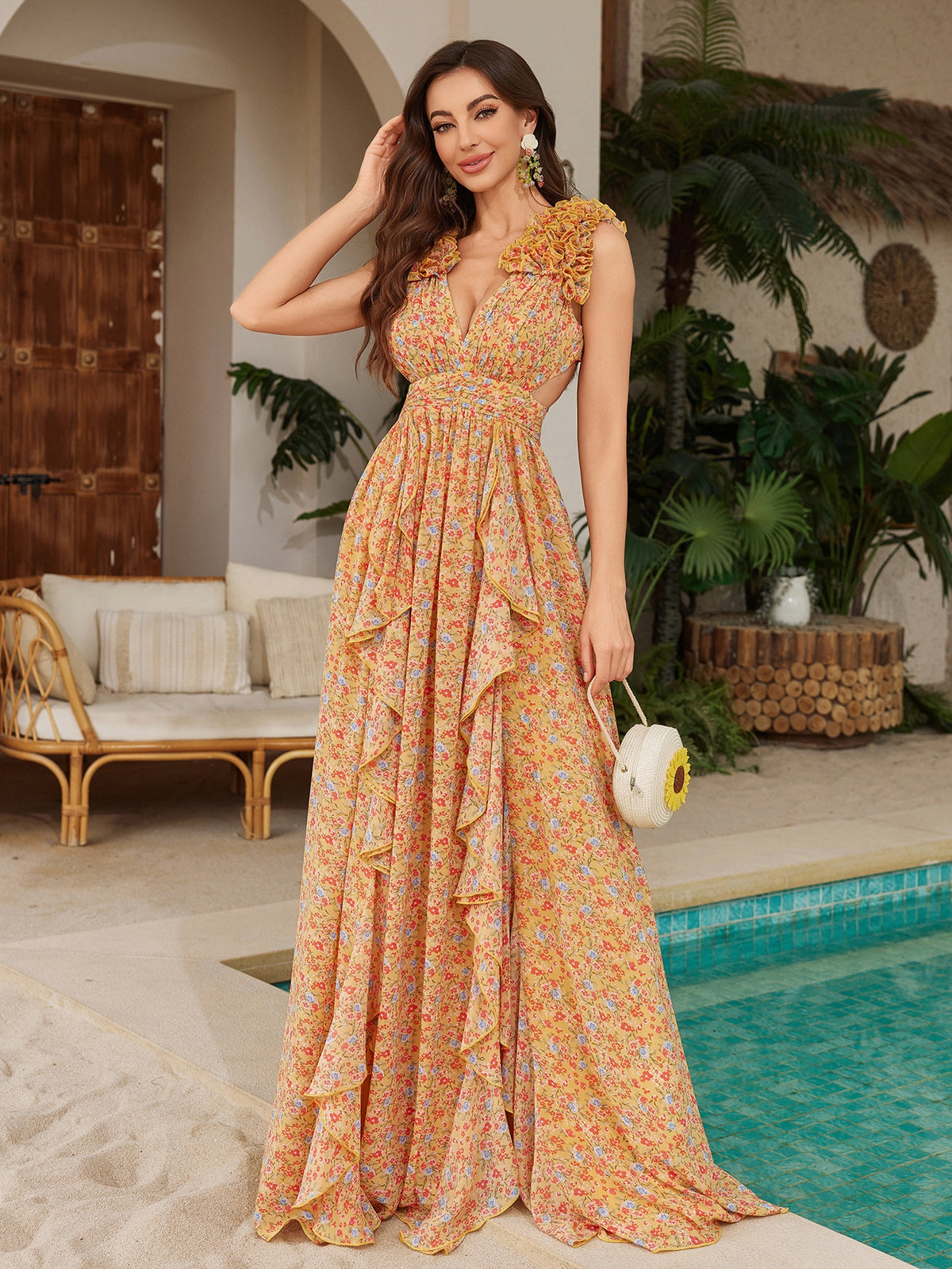 Womens Floral Printed Asymmetrical Slit Chiffon Lace Elegant Dress – Premium 0 | RICALOUX