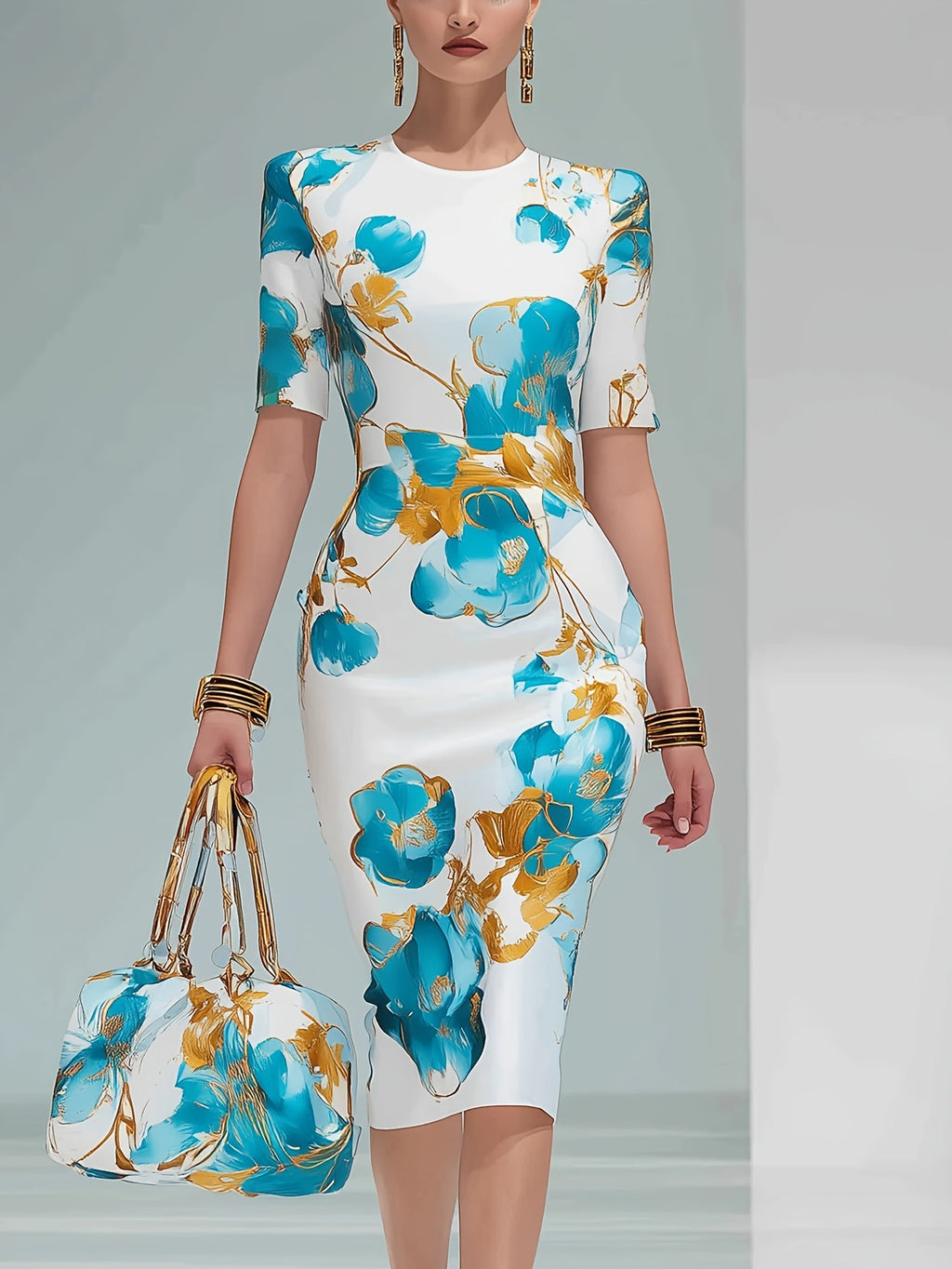 Lady's Elegant Floral Print Round-neck Dress by Ricaloux