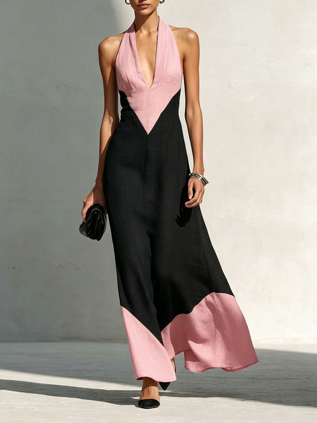 Womens Deep V-neck Color-block Slip Dress by Ricaloux