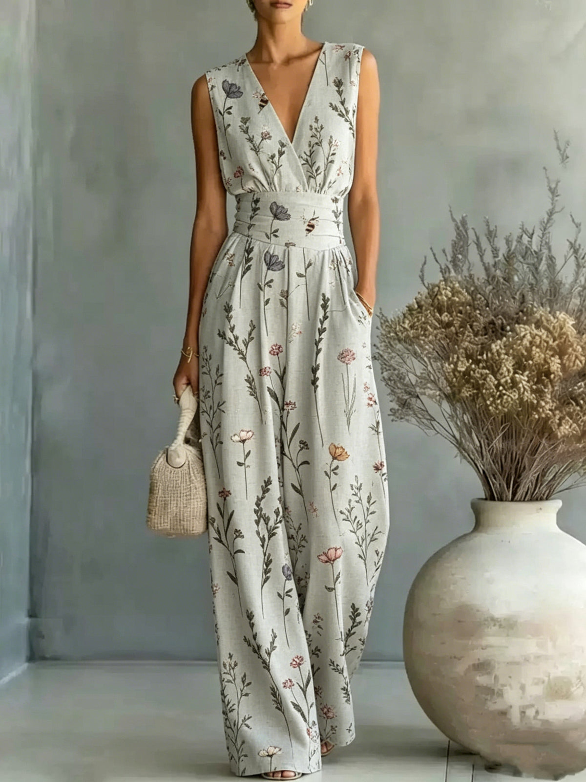 European And American-style Deep V-neck Sleeveless Printed Jumpsuit – Premium 0 | RICALOUX