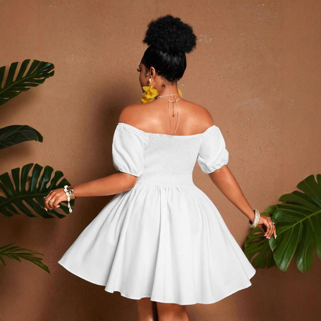 Womens Solid-color Plus-size Off-shoulder Midriff-baring Puff-sleeve Dress by Ricaloux