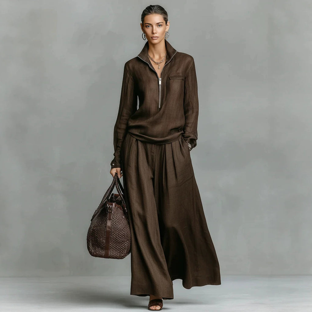 Womens Fashionable Casual Wide-Leg Pants Set With Zippers by Ricaloux