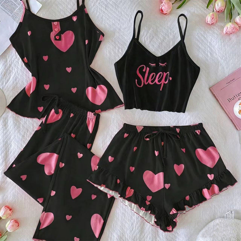 Printed Heart-Shape Camisole Long Pants And Shorts Four-Piece Set by Ricaloux