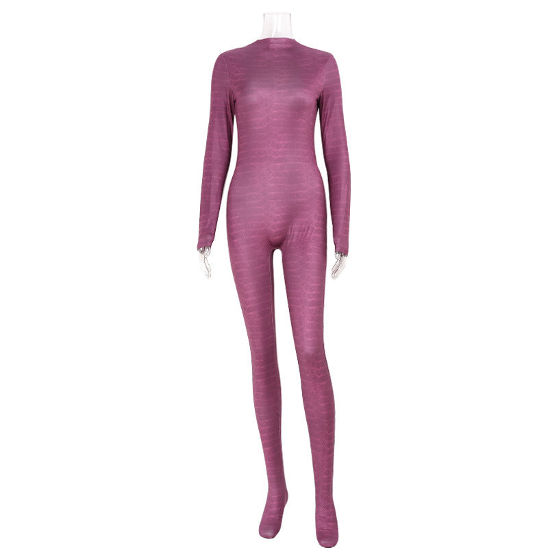 Womens Long-Sleeve Bodysuit With European And American Snake-Print Mesh And Floral Print by Ricaloux