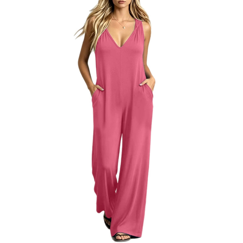 Simple V-neck Pocket Solid-color Hooded Jumpsuit – Premium 0 | RICALOUX