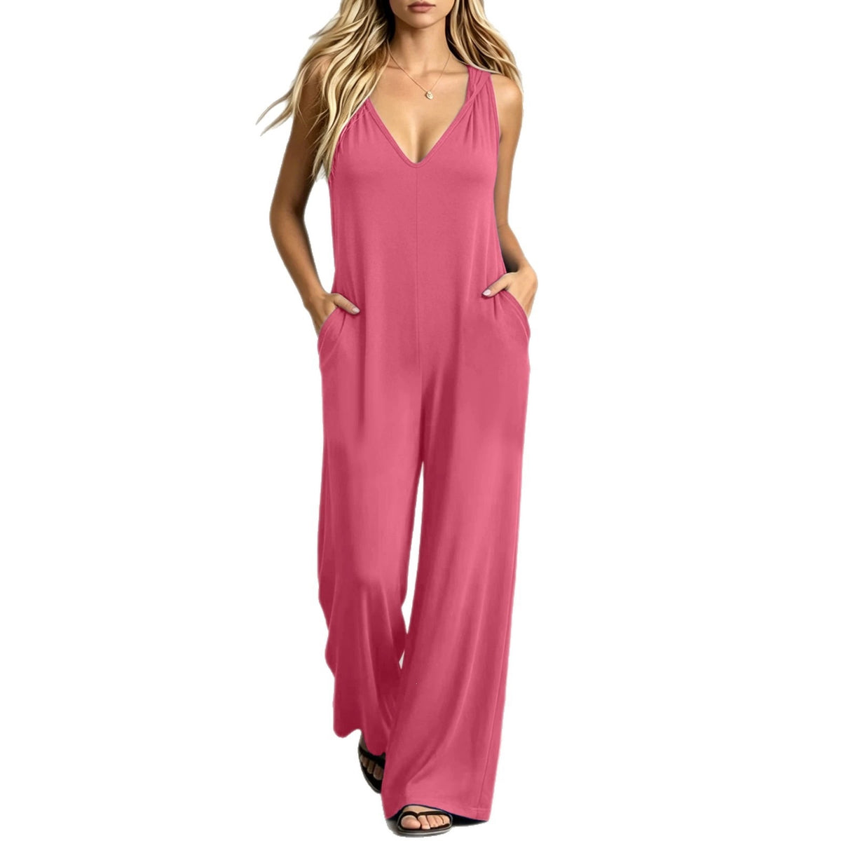 Simple V-neck Pocket Solid-color Hooded Jumpsuit – Premium 0 | RICALOUX