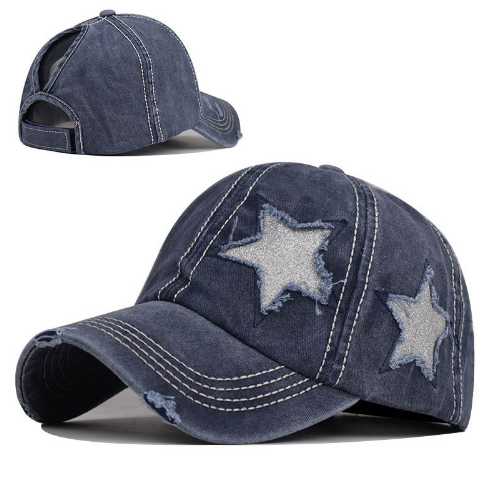 Summer Women's Washed-out Distressed Sequined Five-point Star Baseball Cap For Summer Outings, Sister Gatherings, Trendy Retro Style Hat by Ricaloux