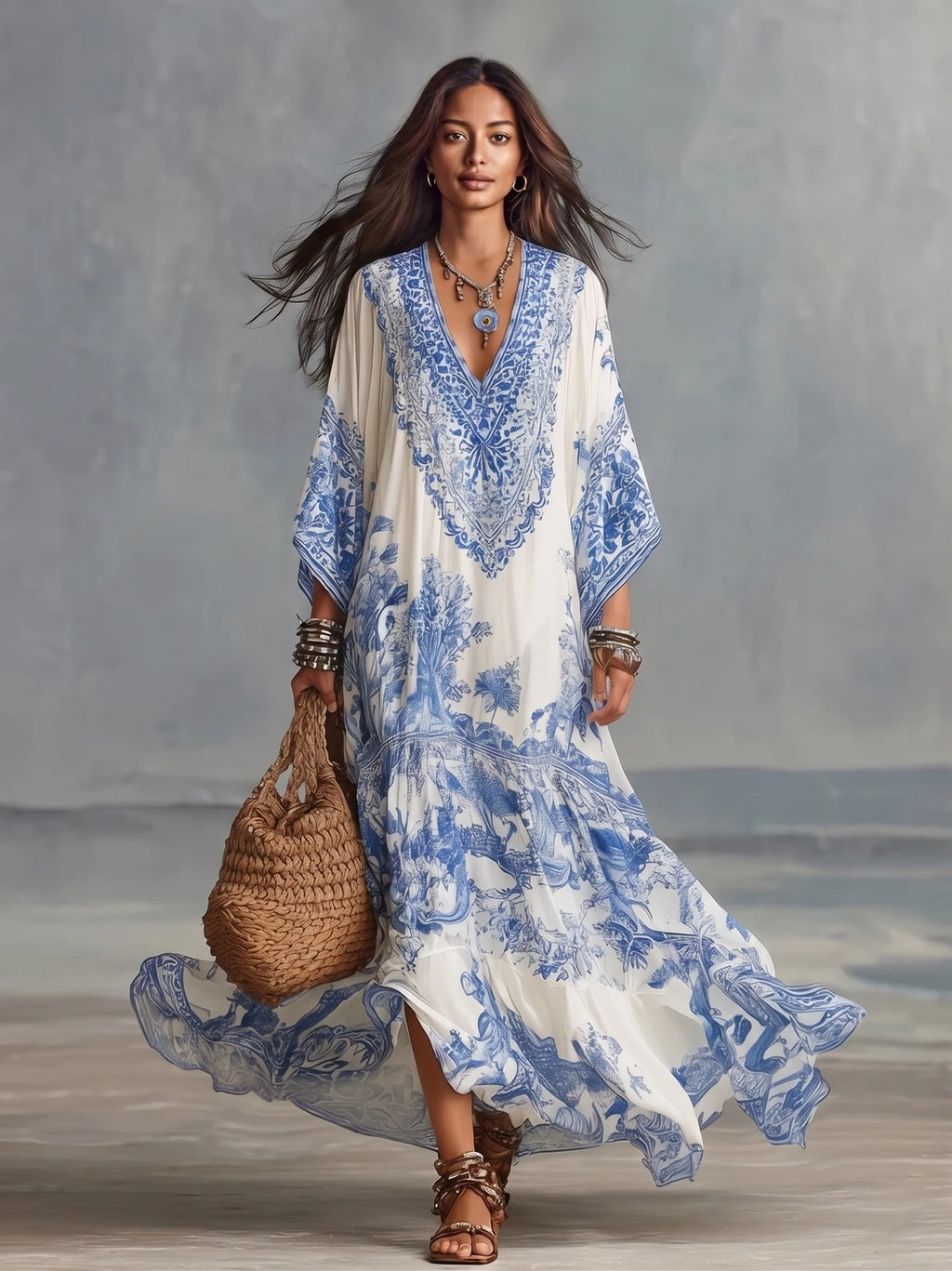 Printed V Neck Batwing Sleeve Bohemian Maxi Dress by Ricaloux