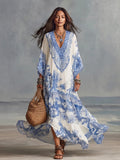 Printed V Neck Batwing Sleeve Bohemian Maxi Dress by Ricaloux