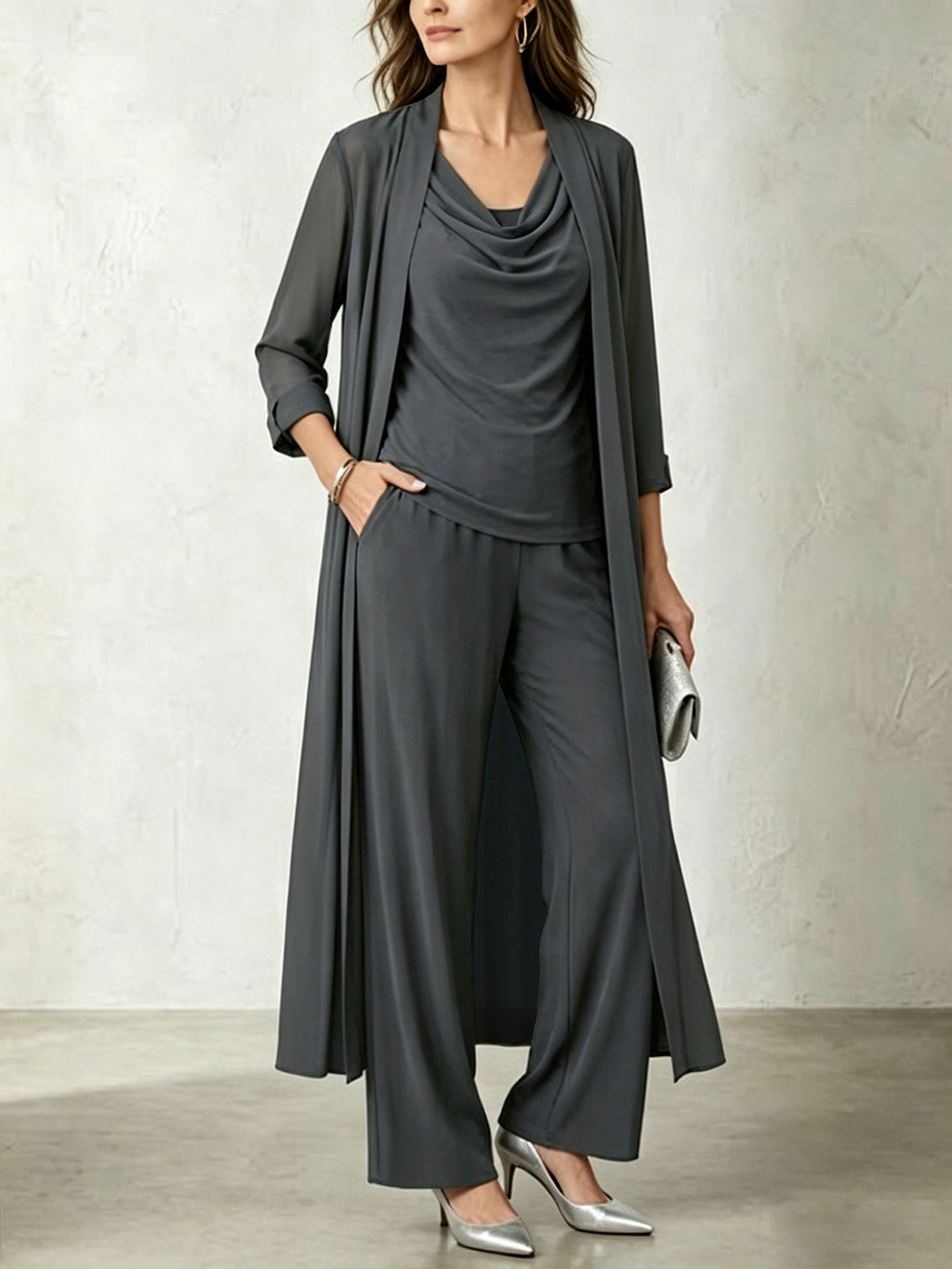 Womens Long Cardigan Jacket And Pants Three-piece Set by Ricaloux