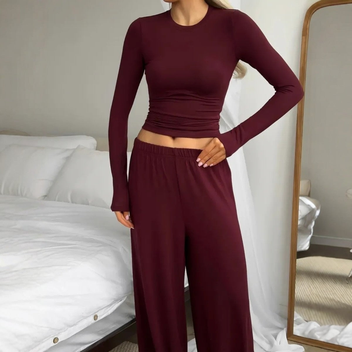 European And American-style Solid-color Long-sleeve Wide-leg Pants Set For Women by Ricaloux