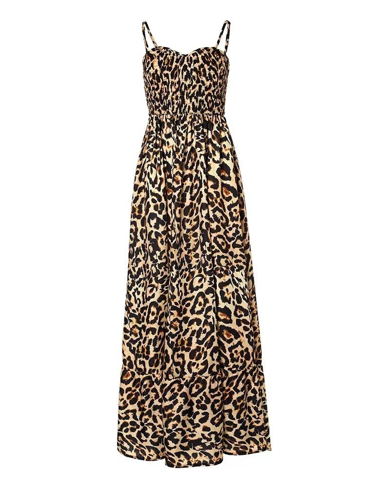 Women's Leopard Print Spaghetti Strap Tiered Maxi Dress V-Neck Smocked Waist Flowy Long Dress For Summer – Premium 4 | RICALOUX