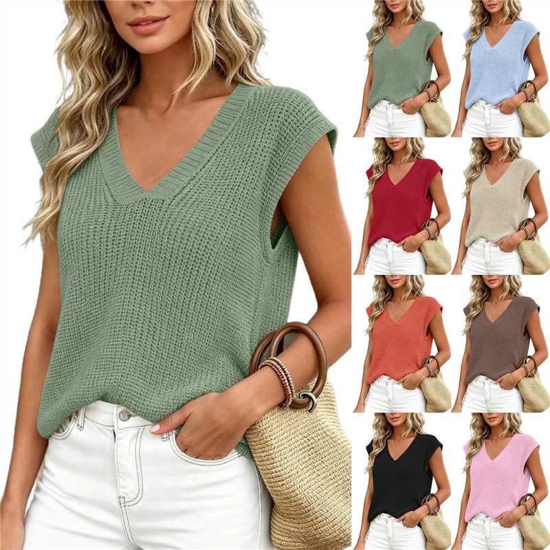 Summer Thin Knit Vest Loose Sleeveless Camisole Top V-neck Sweater Top by Ricaloux