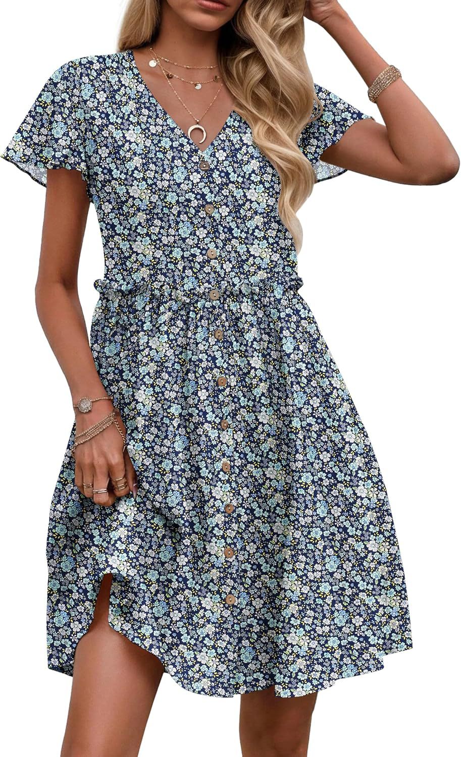 Bohemian-style Vacation V-neck Short-sleeve Ruffled Womens Dress by Ricaloux